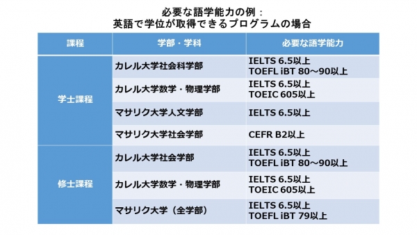 必要な語学能力の例： 英語で学位が取得できるプログラムの場合